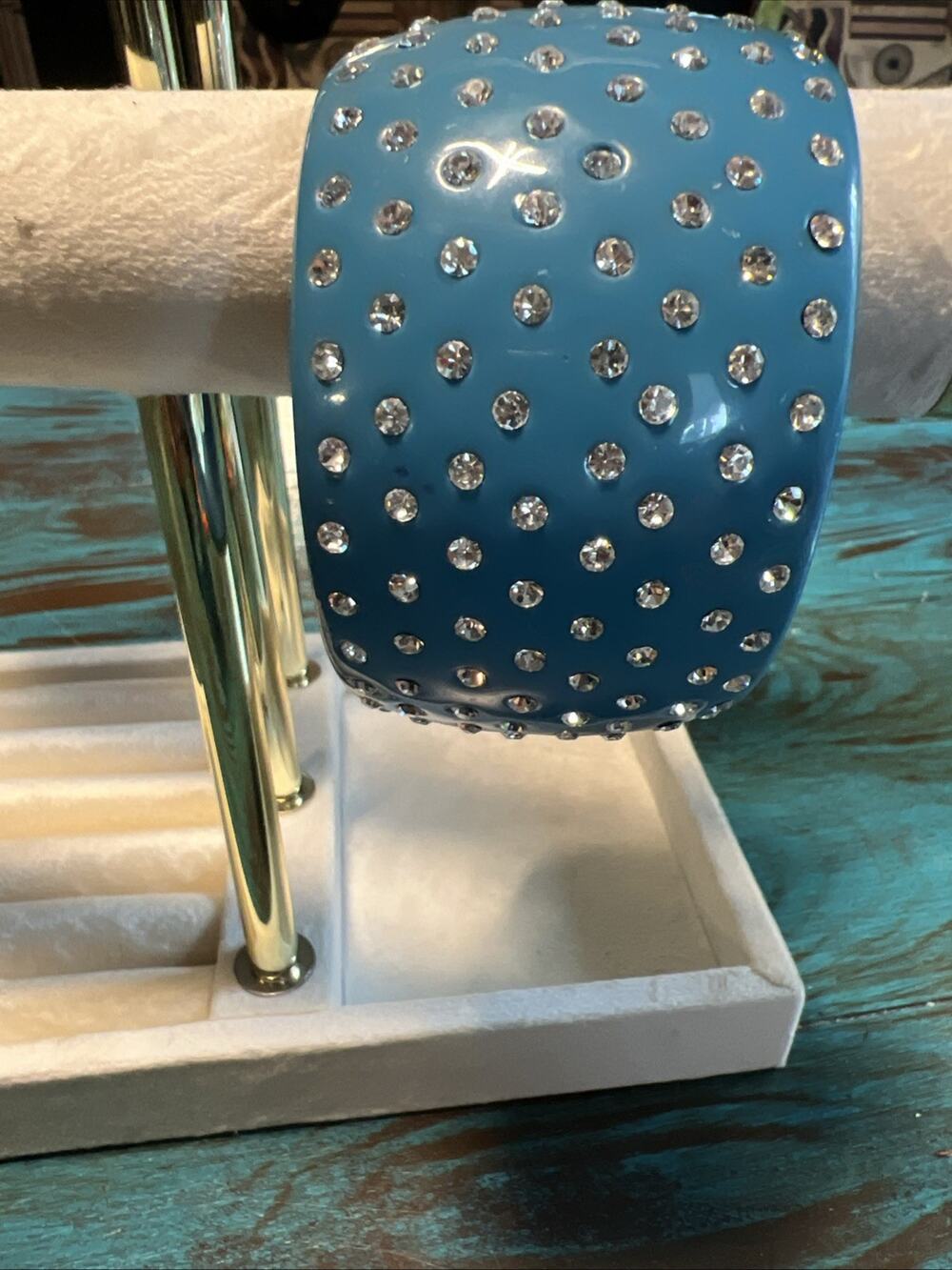 Y2K teal blue Wide bracelet/bangle Rhinestones Lucite